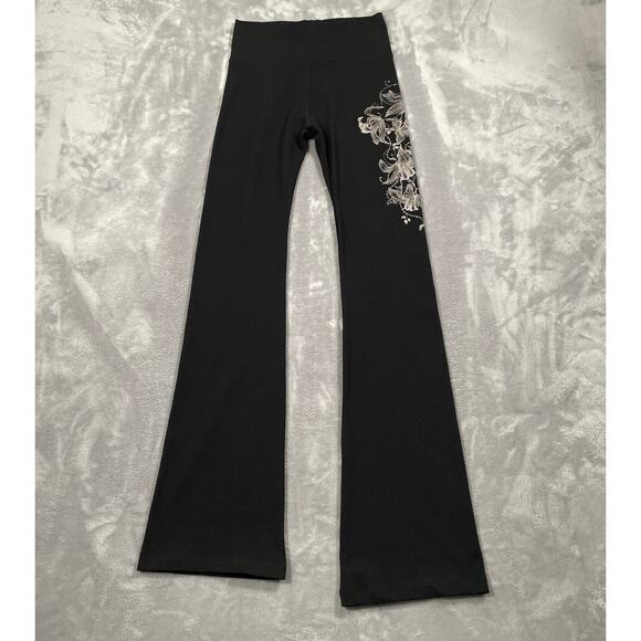 T Party Flared Leggings Black Small Floral Rhinestone Bedazzled Hippie Biker - Picture 1 of 13